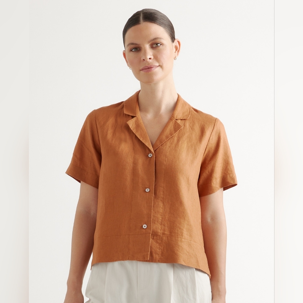 Discontinued Quince 100% European Linen Button Up Shirt - Terracotta Size Large - Picture 2 of 5